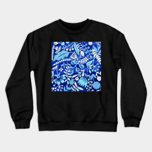 Abstract Flowers & Leaves Pattern In Blue Background Crewneck Sweatshirt